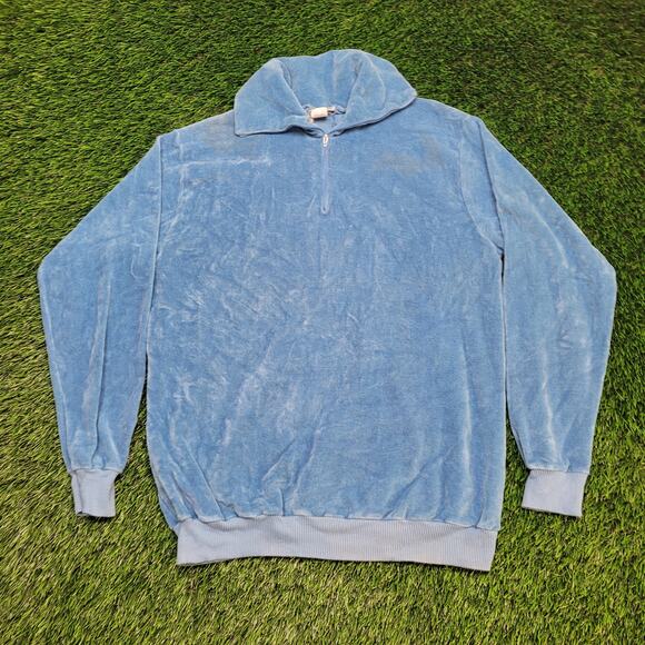 Vintage 70s Disco Light Blue Velour 1/4 Zip Pullover Sweatshirt Mens Medium - Picture 1 of 12